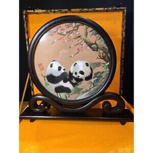 Vtg Chinese Panda CherryBlossom DoubleSided Silk Sichuan Embroidery WoodBase Box